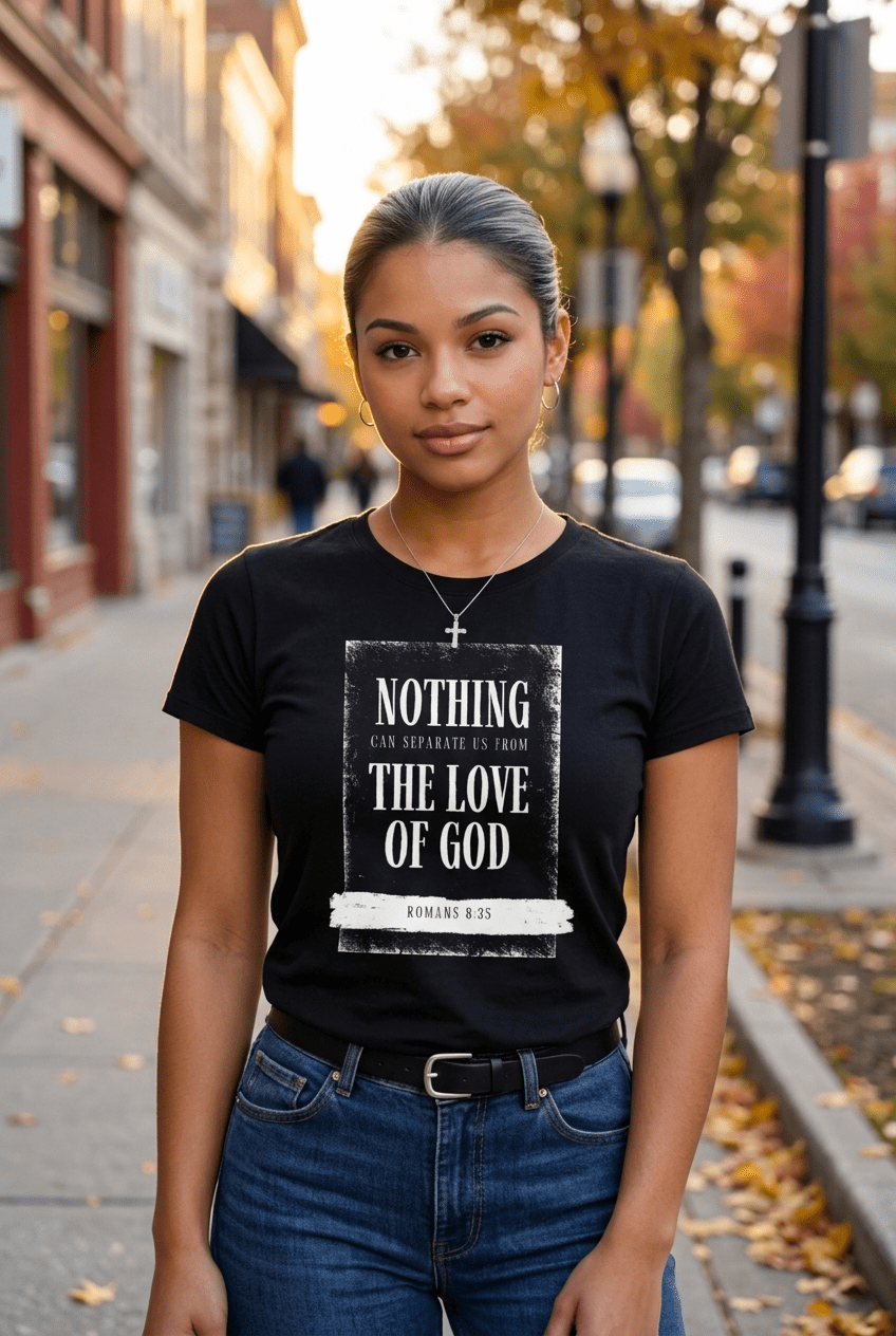 Kingdom Banner Co Nothing Can Separate Us Christian Tee – Romans 8:35 Scripture Shirt - Kingdom Banner Co