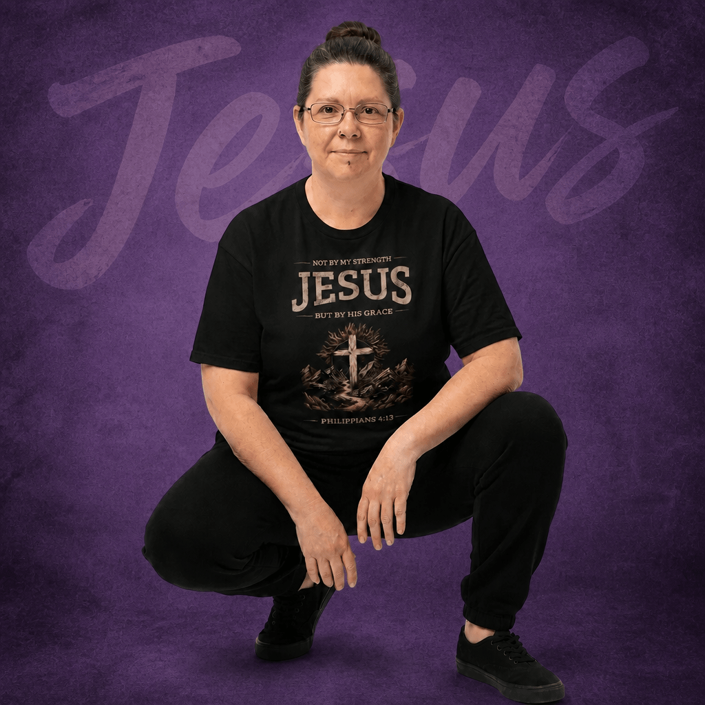 Not By My Strength Jesus But By His Grace Philippians 4:13 Christian T-Shirt - Kingdom Banner Co